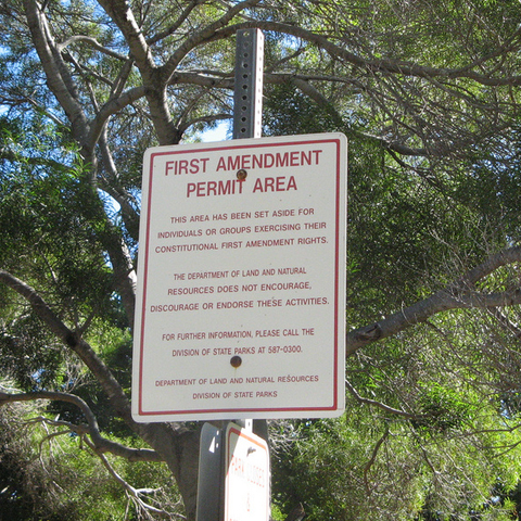 sign that reads First Amendment Permit Area