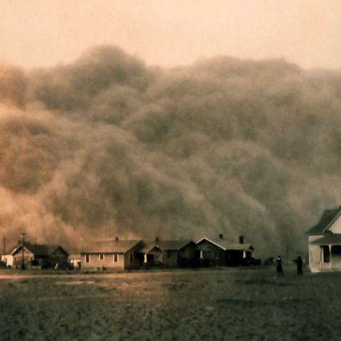 A dust storm approaches a town in Stratford, Texas in this photograph.