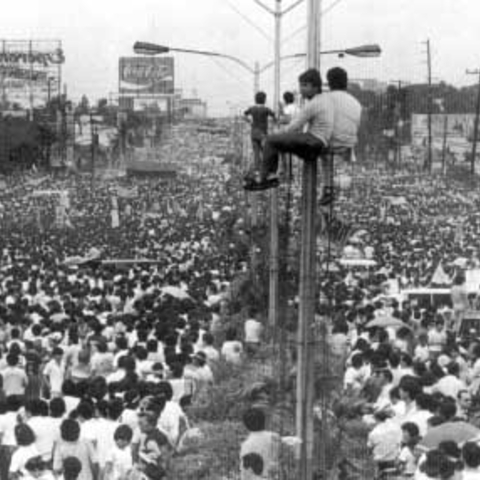This iconic photograph is taken along the Epifanio de los Santos Avenue (EDSA) during the People Power Revolution.