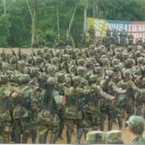 FARC soldiers marching during peace talks.