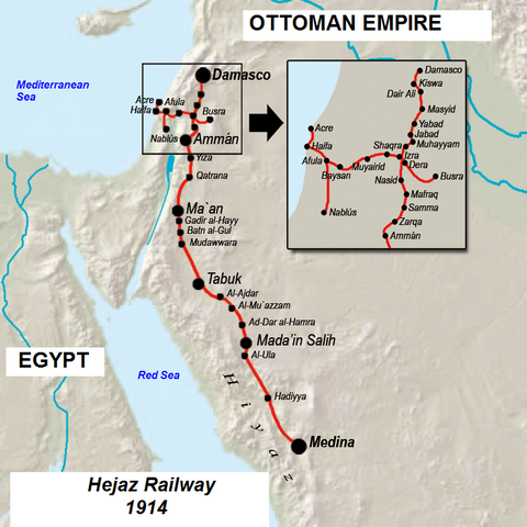 Map of the Ottoman Hijaz Railway connecting Damascus to Medina.
