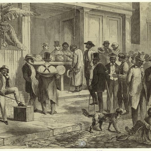 This 1867 illustration depicts recently emancipated African Americans voting in New Orleans.
