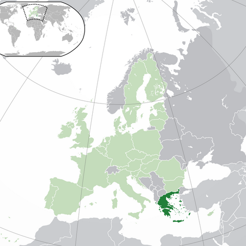 A map of the European Union (green) with Greece highlighted.