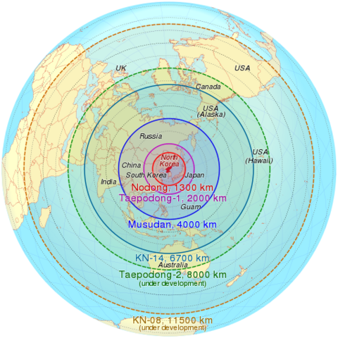 A projection of the estimated maximum range of North Korean missiles.