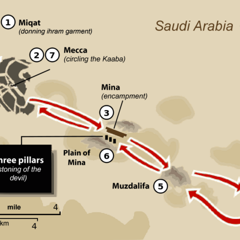 Route of the hajj in Mecca and locations of associated rituals.