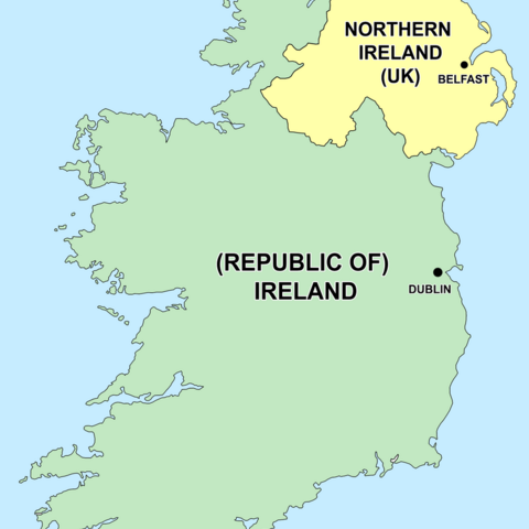 Geo-political map of Northern Ireland and the Republic of Ireland.
