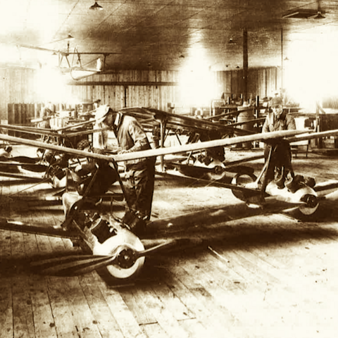 Workers assemble 'Kettering Bug' or 'Liberty Eagle' flying bombs.