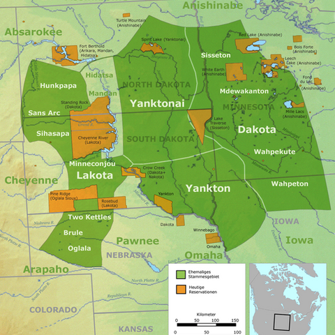 A map depicting the Great Sioux Nation’s former lands and current reservation land.