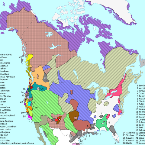 A map depicting the distribution of North American language families before western contact.