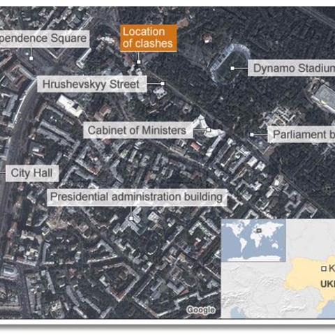 Kyiv Map of Clashes and Key Urban Locations.
