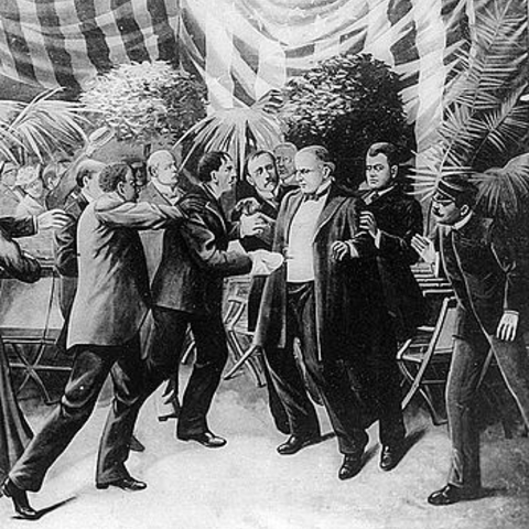 This drawing shows anarchist Leon Czolgosz shooting President William McKinley.