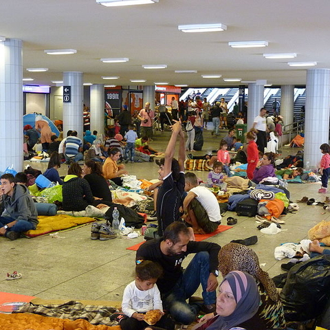 Migrants in Budapest railway station travelling to Germany.