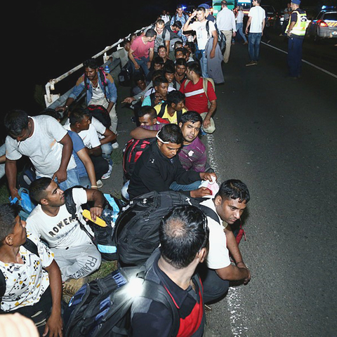 Migrants crossing from Serbia into Hungary.