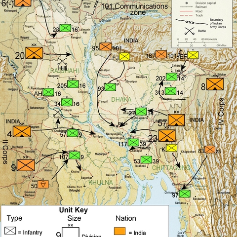 Map showing military movements during Bangladesh Liberation Civil War.