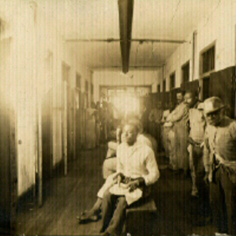 Patients congregated in the only space available for them in the Montevue Asylum in Maryland in 1909.