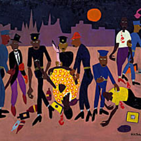 Artist William Johnson depicts of the Harlem Riot, 1943 in this piece called Moon Over Harlem.