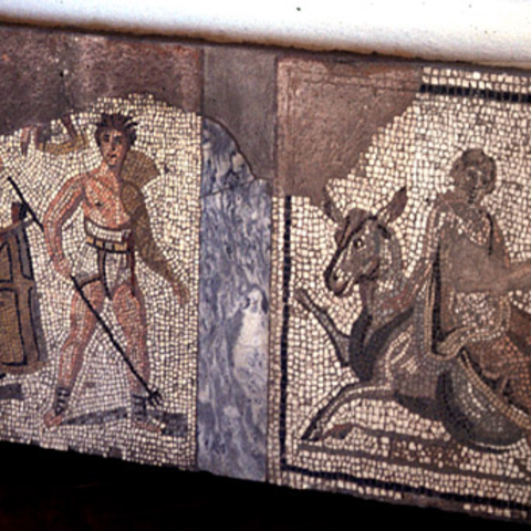 A mosaic of gladiators.