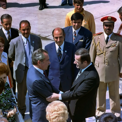 Syrian President Hafez al-Assad of Syria greets President Nixon.