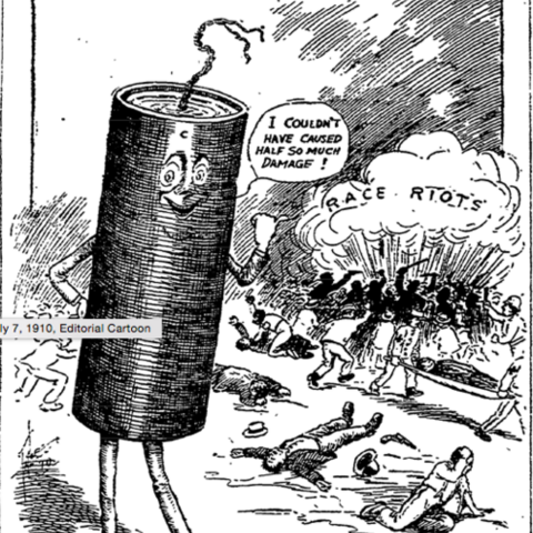 A 1910 cartoon referencing the race riots in more than 50 cities after Jack Johnson defeated the white boxer James Jeffries.