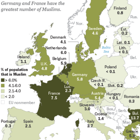 Map showing the Muslim percentage of 2010 populations in European Union countries.