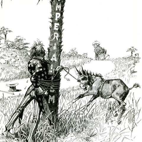 In this 1899 political cartoon, Uncle Sam attempts to restrain a bucking mule, the 'Philippines,' while tied to the tree of imperialism.