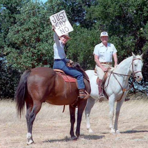 First Lady Nancy Reagan expresses her feelings about drugs while riding horses with her husband, President Ronald Reagan.