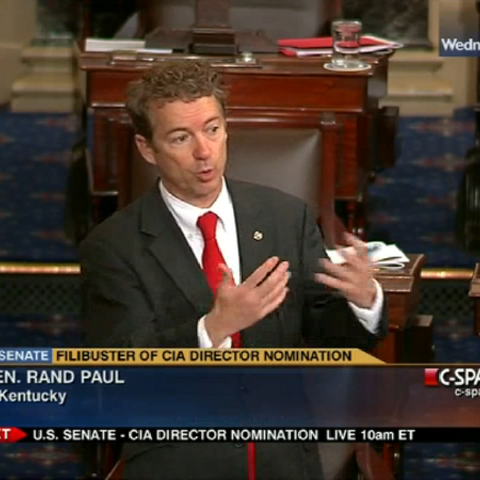 Senator Rand Paul filibusters in opposition to John C. Brennen's nomination to be CIA director.