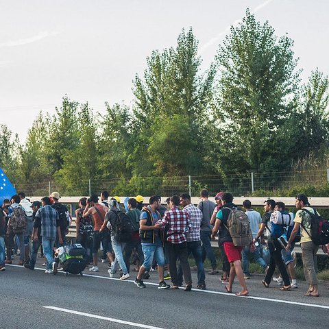 Migrants walking through Hungary on their way to Austria.