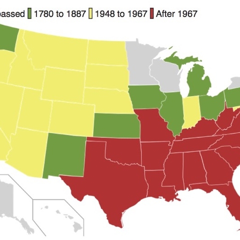 A map depicting the range of years in which states repealed interracial marriage bans.