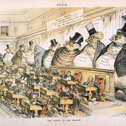 Moneybag-shaped corporate interests loom over small senators in this 1889 political cartoon.