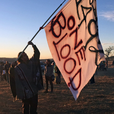 A protester waving a flag reading 'Since 1492 One Blood.'