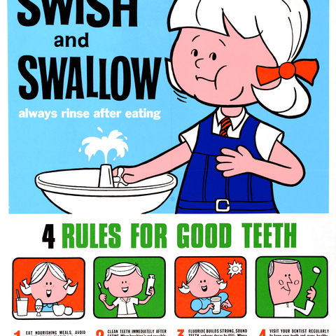 A poster from the 1970s promoting good oral hygiene by drinking fluorinated water.
