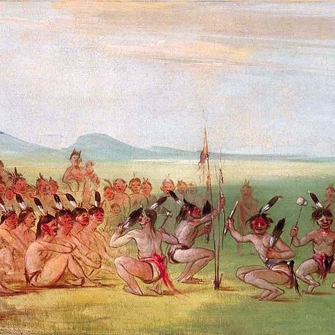 An 1834 depiction of members of the Choctaw tribe performing the Eagle dance.
