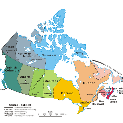 A map of Canada’s ten provinces and three territories.