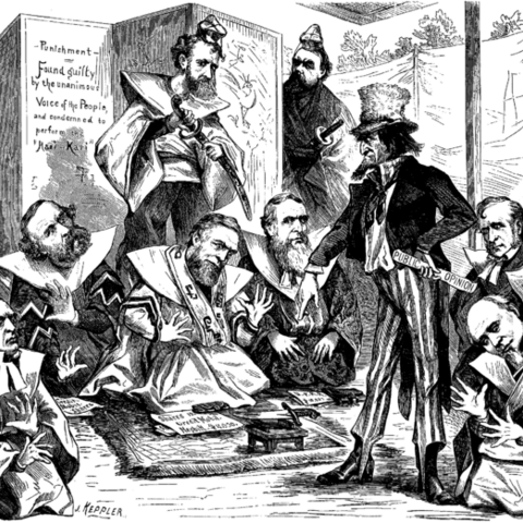 An 1873 cartoon in which Uncle Sam has senators implicated in the Crédit Mobilier of America scandal to commit Hari-Kari.