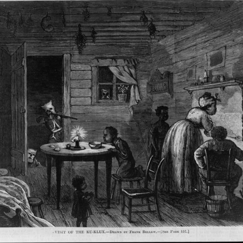 An 1872 depiction of a black family being targeted by the Ku Klux Klan.