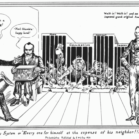 An 1831 cartoon ridiculing Henry Clay for his program of tariffs and internal improvements.