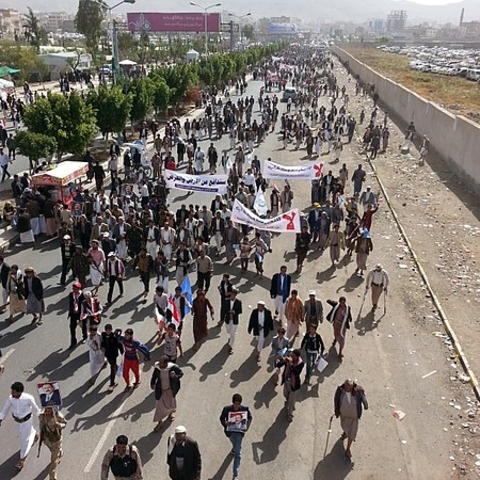 Yemenis protesting Saudi bombing campaigns in 2016.