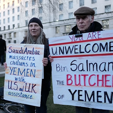 Protestors in London condemning U.S. and UK weapon sales to Saudi Arabia in 2018.