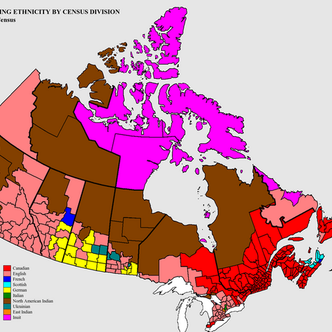 A 2006 map of the dominant self-identified ethnic origins of Canadians.