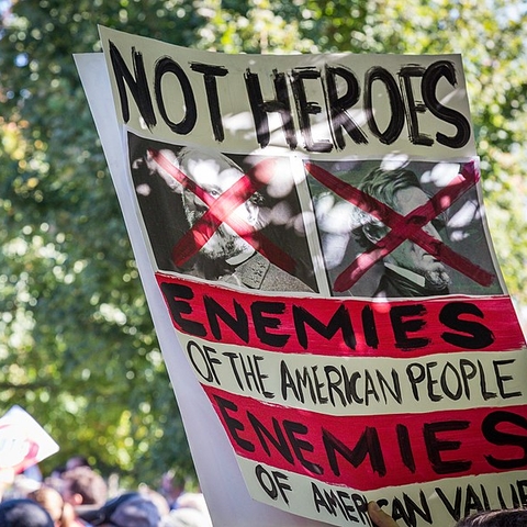 A sign at a rally at the Robert E. Lee statue in Richmond, VA in 2017.