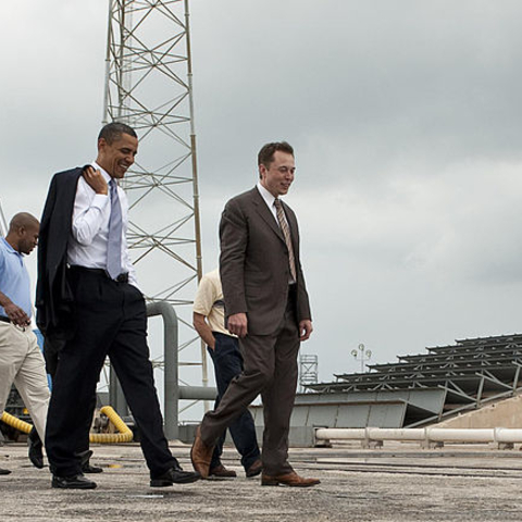 SpaceX CEO Elon Musk giving President Barack Obama a tour of the SpaceX facility.