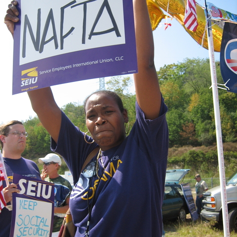 A member of the Service Employees International Union protesting John McCain’s support of NAFTA.
