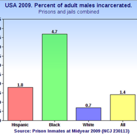 Percent of U.S. male citizens incarcerated in 2009 by race.