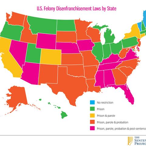 A 2016 map of felony disfranchisement laws by state.