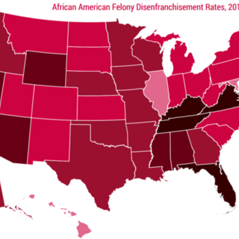 A 2016 map depicting the rates of African American felony disfranchisement.