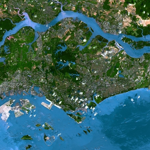An aerial view of the island of Singapore.