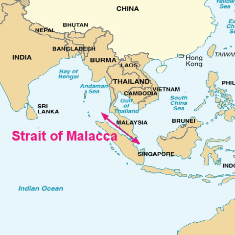 Singapore rests on the strait of Malacca.