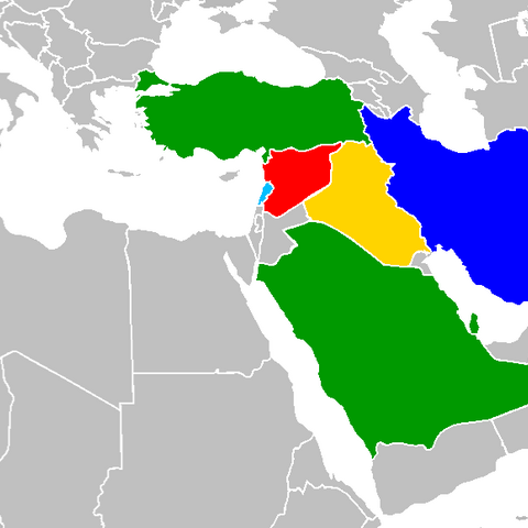 Countries in green support the rebels; in blue support the Assad regime; in yellow have groups supporting both sides of the civil war. Syria is in red.
