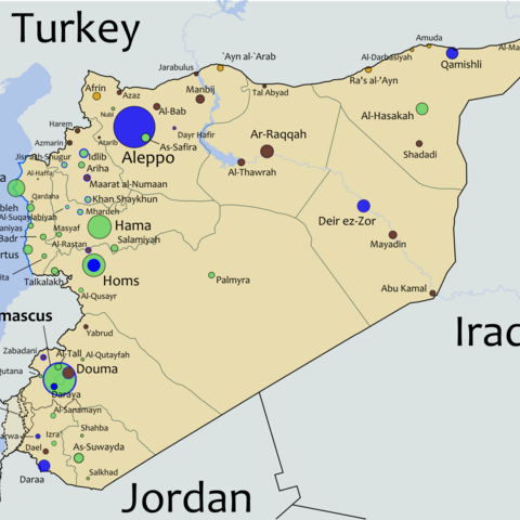 The size of each circle corresponds to the population of the city. Green: controlled by pro-Assad forces; brown: controlled by anti-Assad forces; mustard: controlled by Kurdish forces; blue: fighting is ongoing and control is unclear.